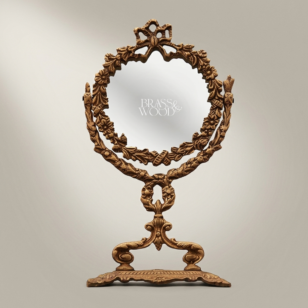 Neoclassical Brass Vanity Mirror - Laurel Wreath & Bow Tabletop Stand — Antique Gold