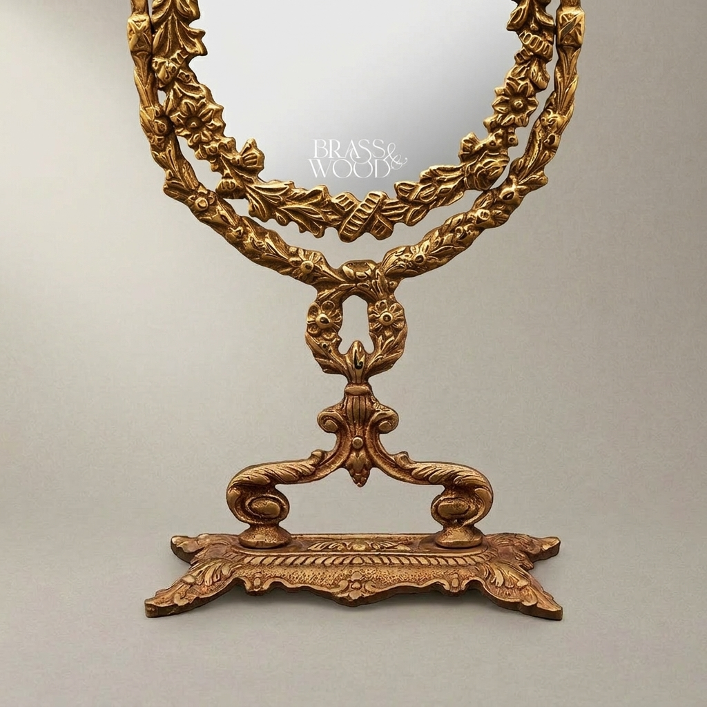Neoclassical Brass Vanity Mirror - Laurel Wreath & Bow Tabletop Stand