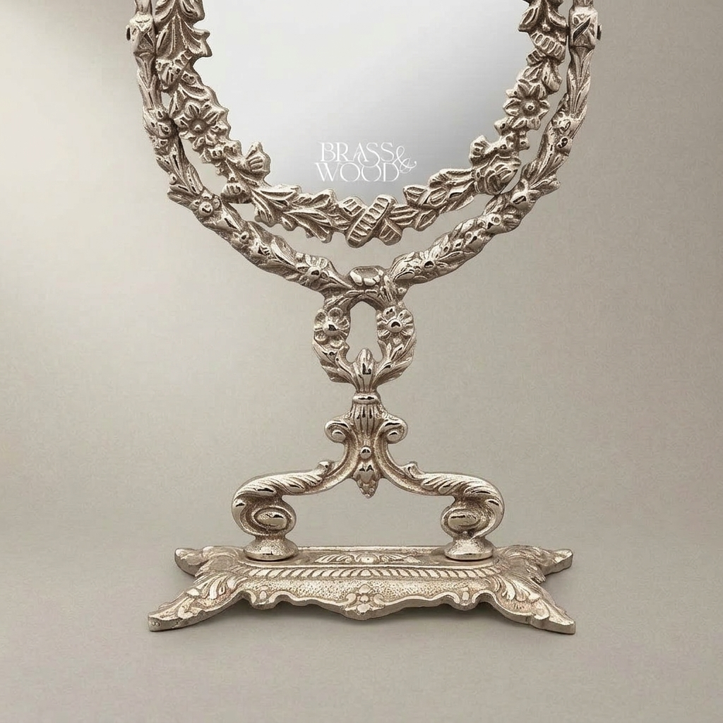 Neoclassical Brass Vanity Mirror - Laurel Wreath & Bow Tabletop Stand — Silver