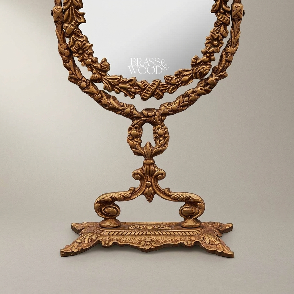 Neoclassical Brass Vanity Mirror - Laurel Wreath & Bow Tabletop Stand — Antique Gold