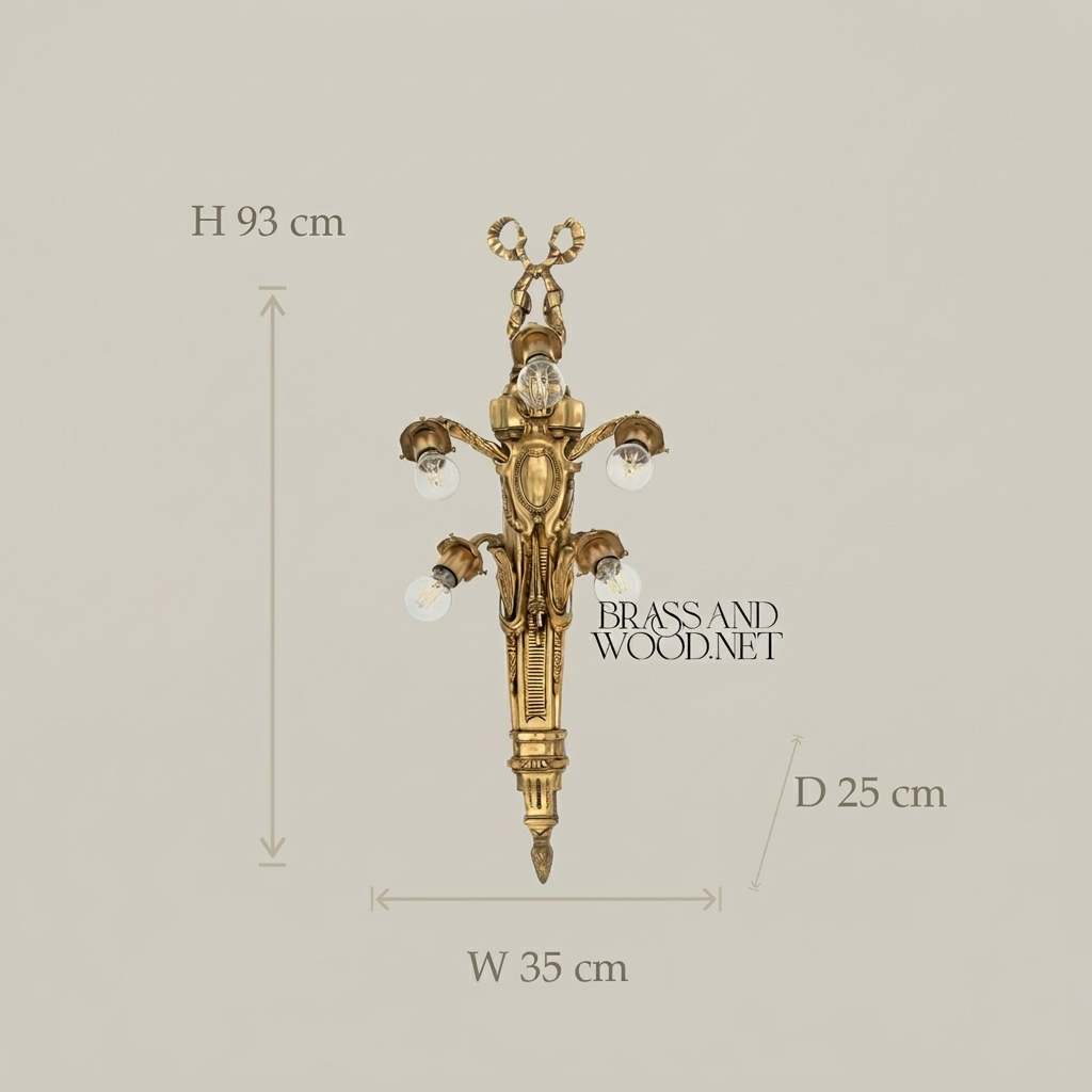Neoclassical Brass Wall Sconce 5-Arm with Ribbon & Torch Motif — Antique Gold