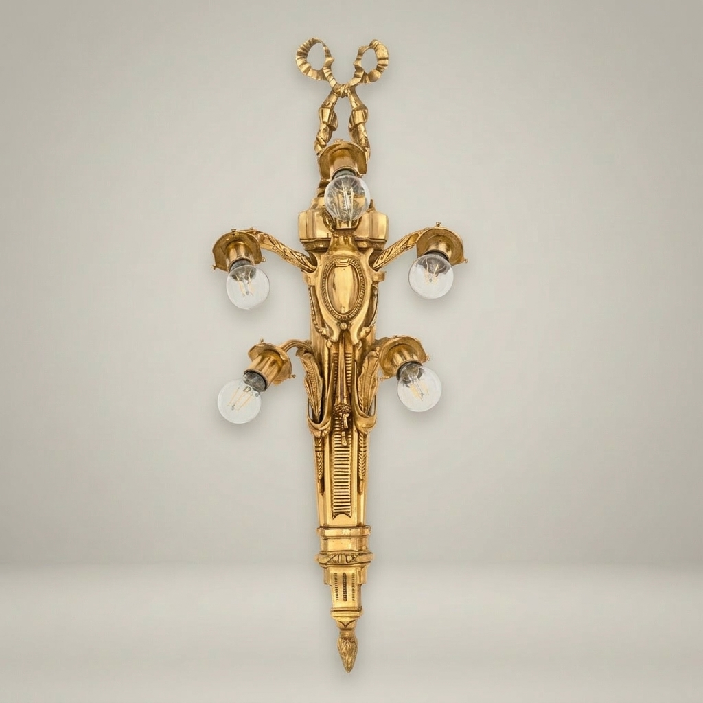 Neoclassical Brass Wall Sconce 5-Arm with Ribbon & Torch Motif