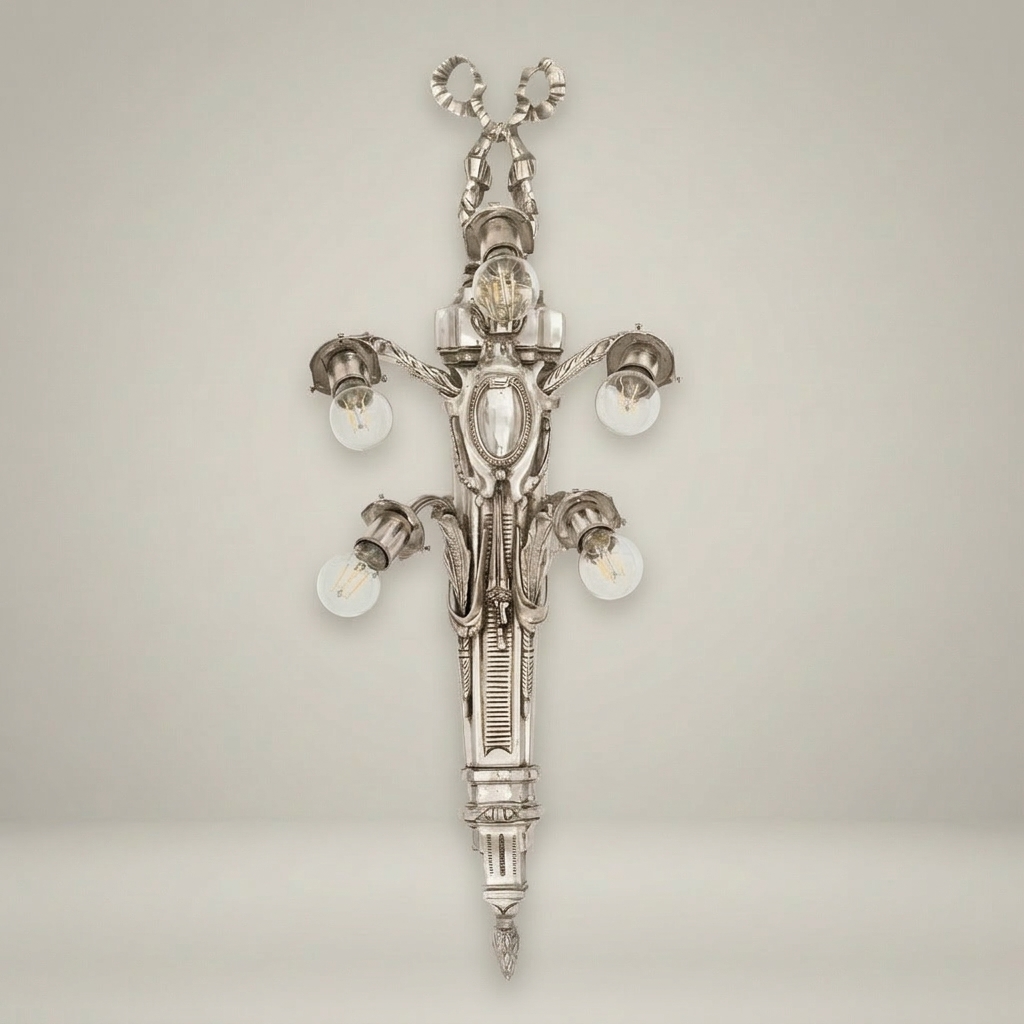 Neoclassical Brass Wall Sconce 5-Arm with Ribbon & Torch Motif — Silver
