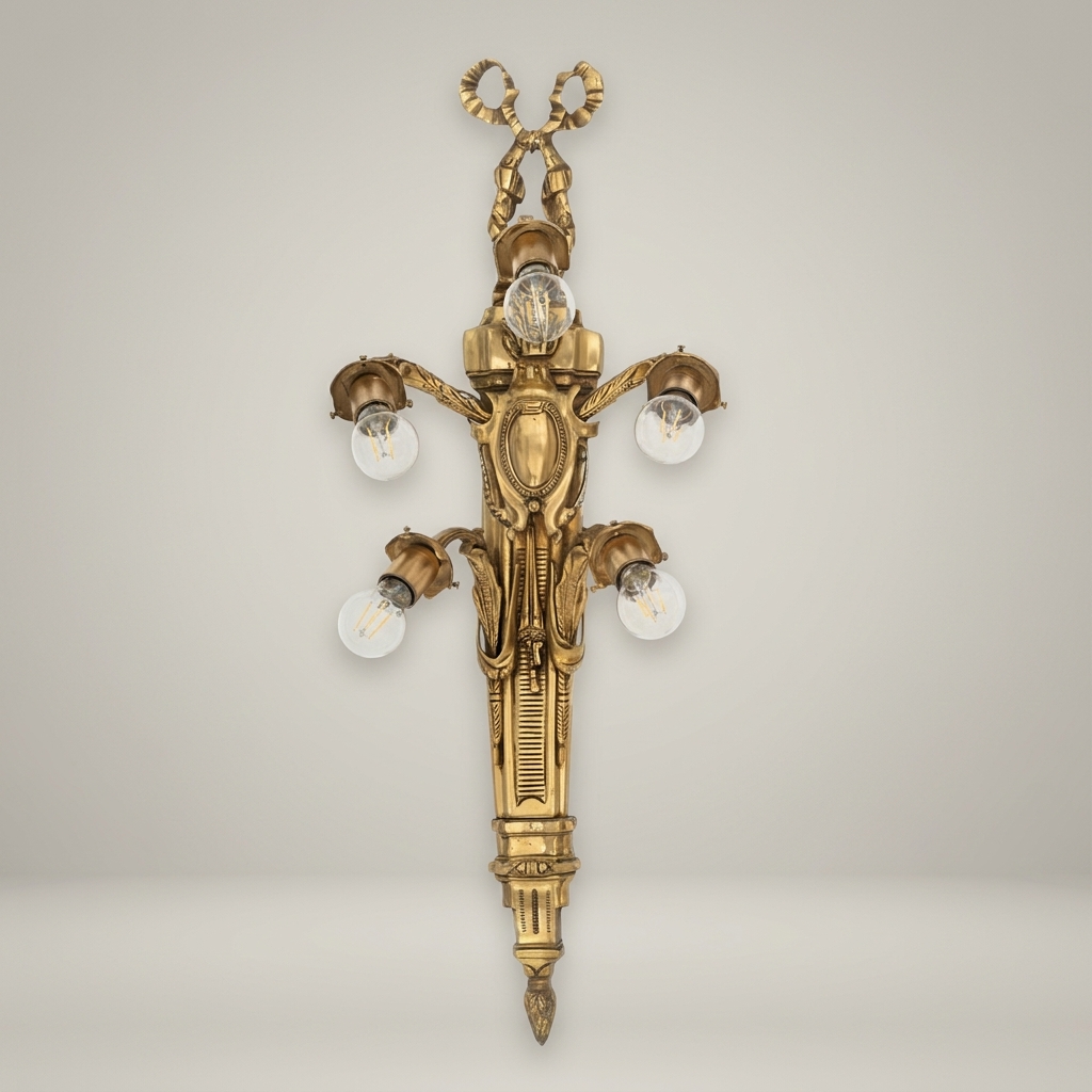 Neoclassical Brass Wall Sconce 5-Arm with Ribbon & Torch Motif — Antique Gold