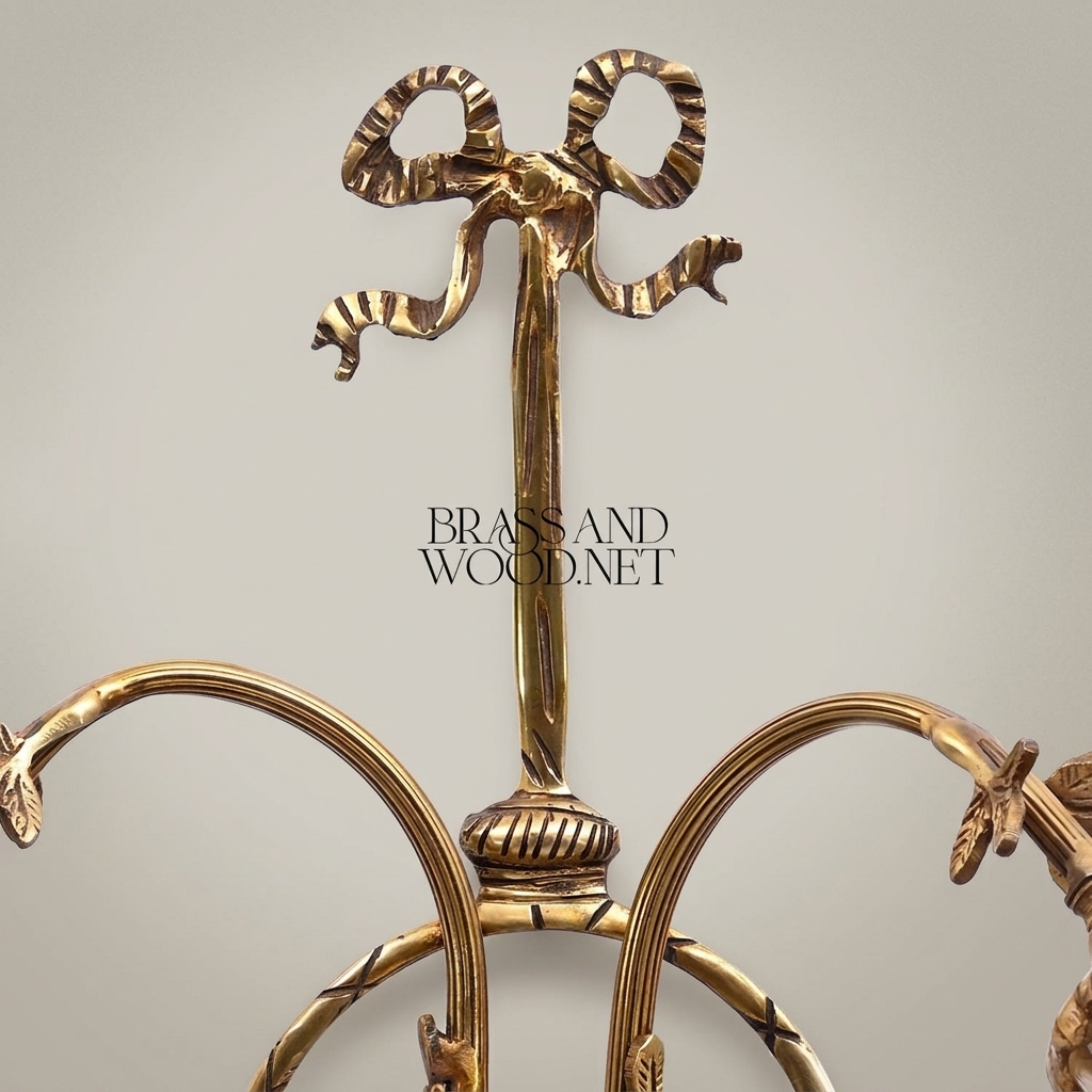 Neoclassical Brass Wall Sconce with Lattice Basket Body & Bow Crown, Double Arm — Antique Gold