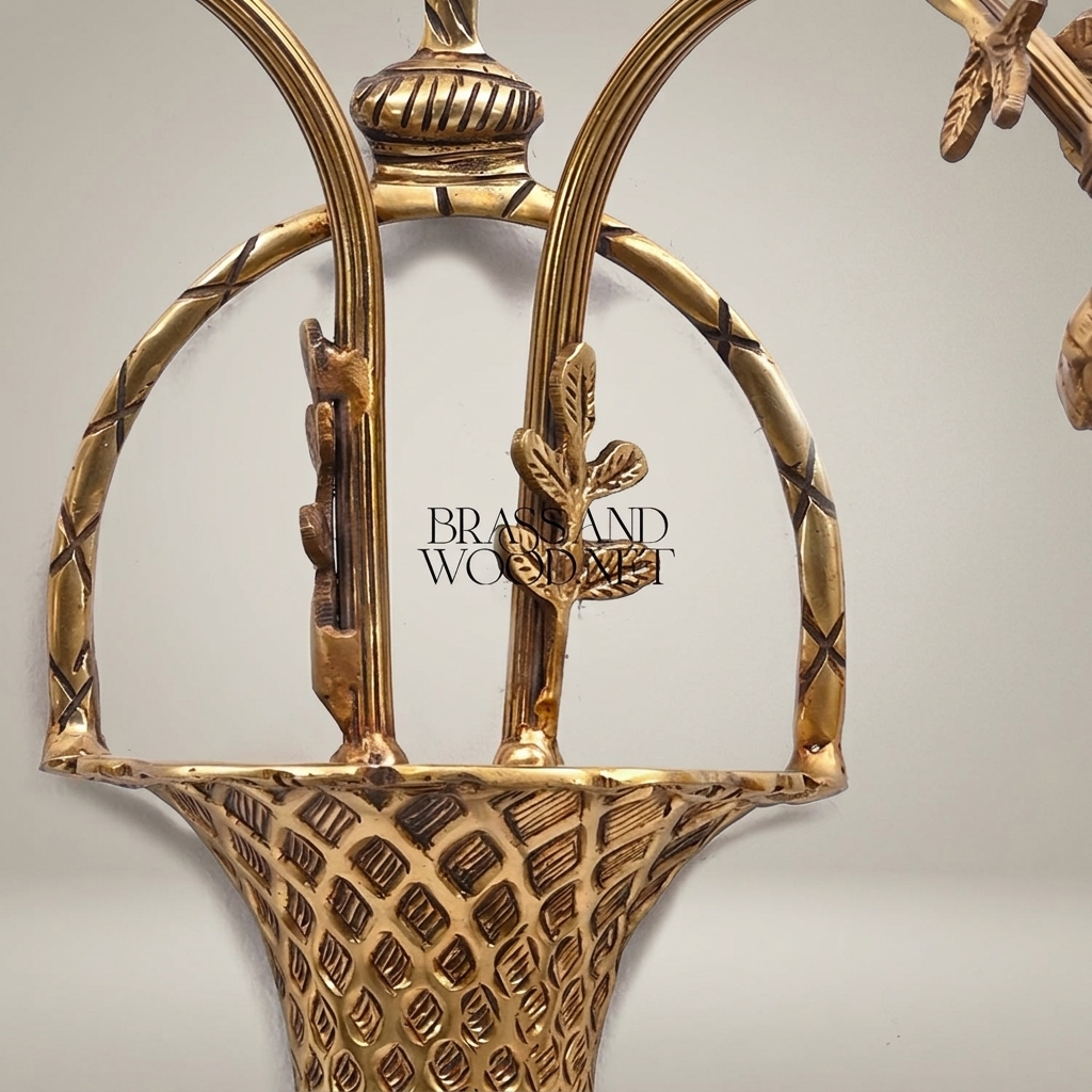 Neoclassical Brass Wall Sconce with Lattice Basket Body & Bow Crown, Double Arm — Antique Gold