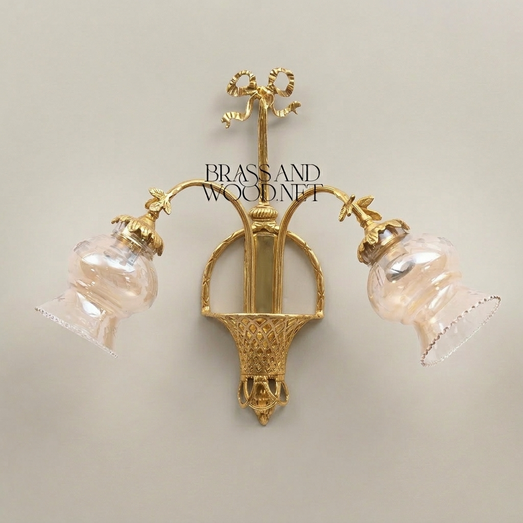 Neoclassical Brass Wall Sconce with Lattice Basket Body & Bow Crown, Double Arm — Gold