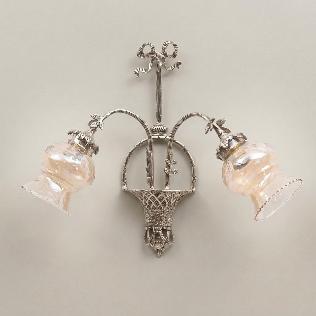 Neoclassical Brass Wall Sconce with Lattice Basket Body & Bow Crown, Double Arm — Silver