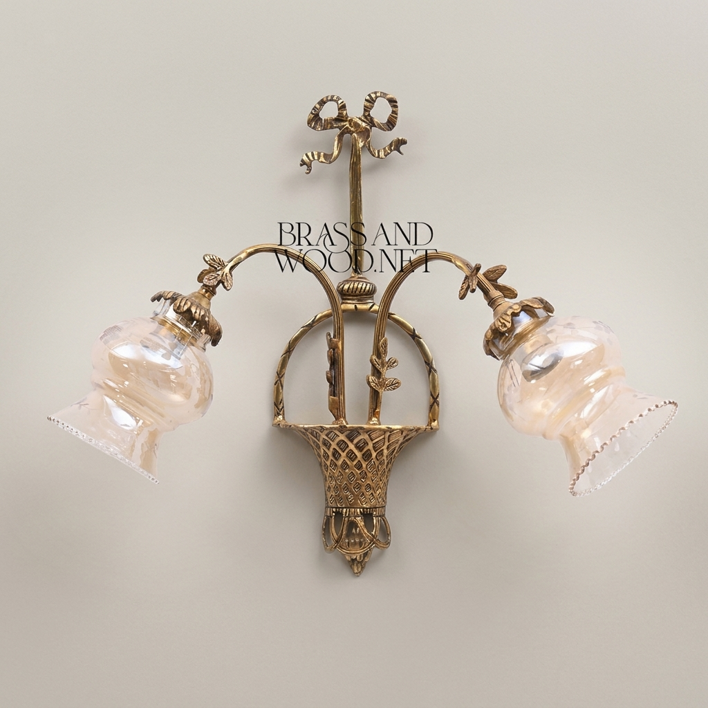 Neoclassical Brass Wall Sconce with Lattice Basket Body & Bow Crown, Double Arm — Antique Gold