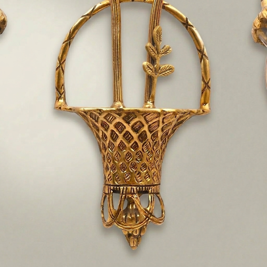 Neoclassical Brass Wall Sconce with Lattice Basket Body & Bow Crown, Double Arm