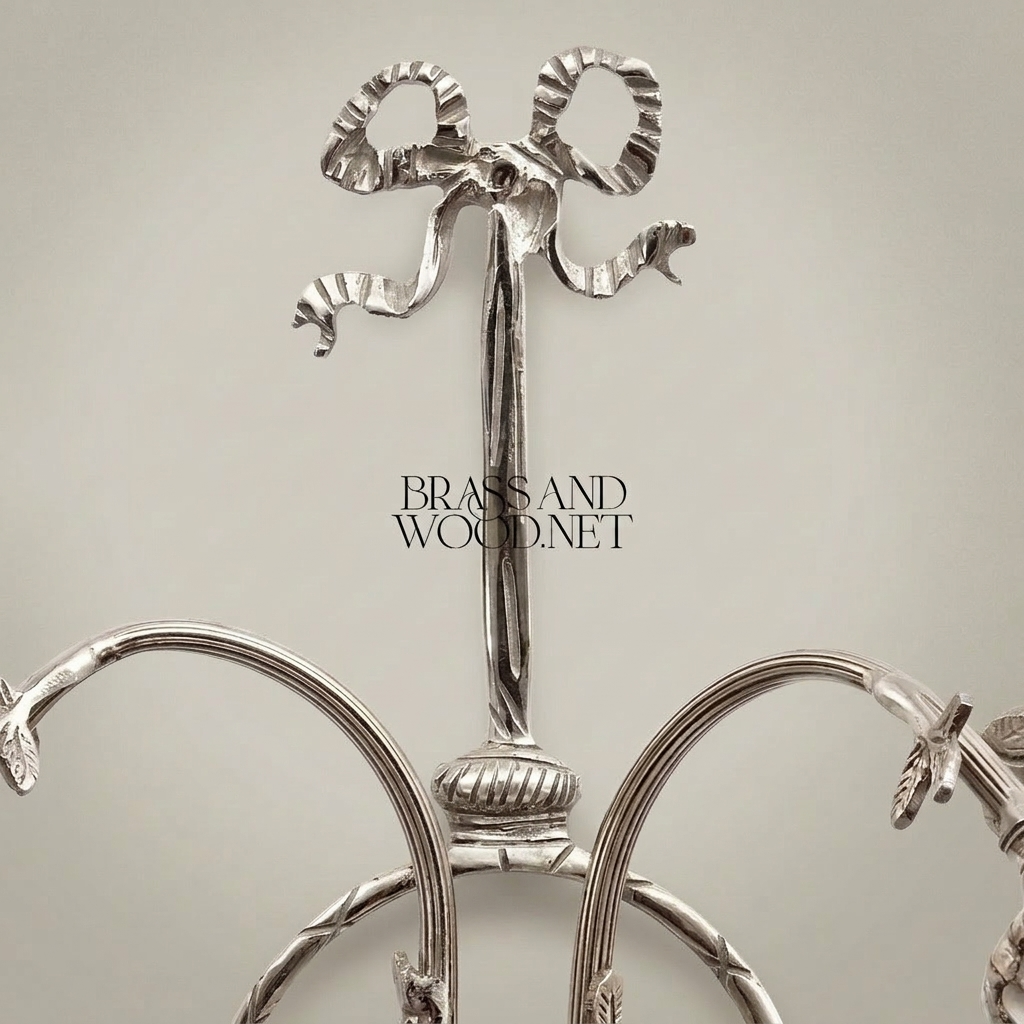 Neoclassical Brass Wall Sconce with Lattice Basket Body & Bow Crown, Double Arm — Silver
