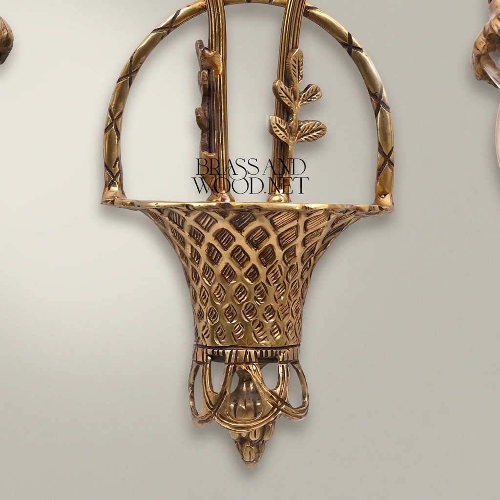 Neoclassical Brass Wall Sconce with Lattice Basket Body & Bow Crown, Double Arm — Antique Gold