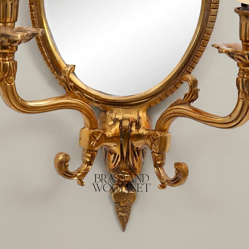 Neoclassical Brass Wall Sconce Mirror with Bow Crest & Twin Candle Arms — Antique Gold