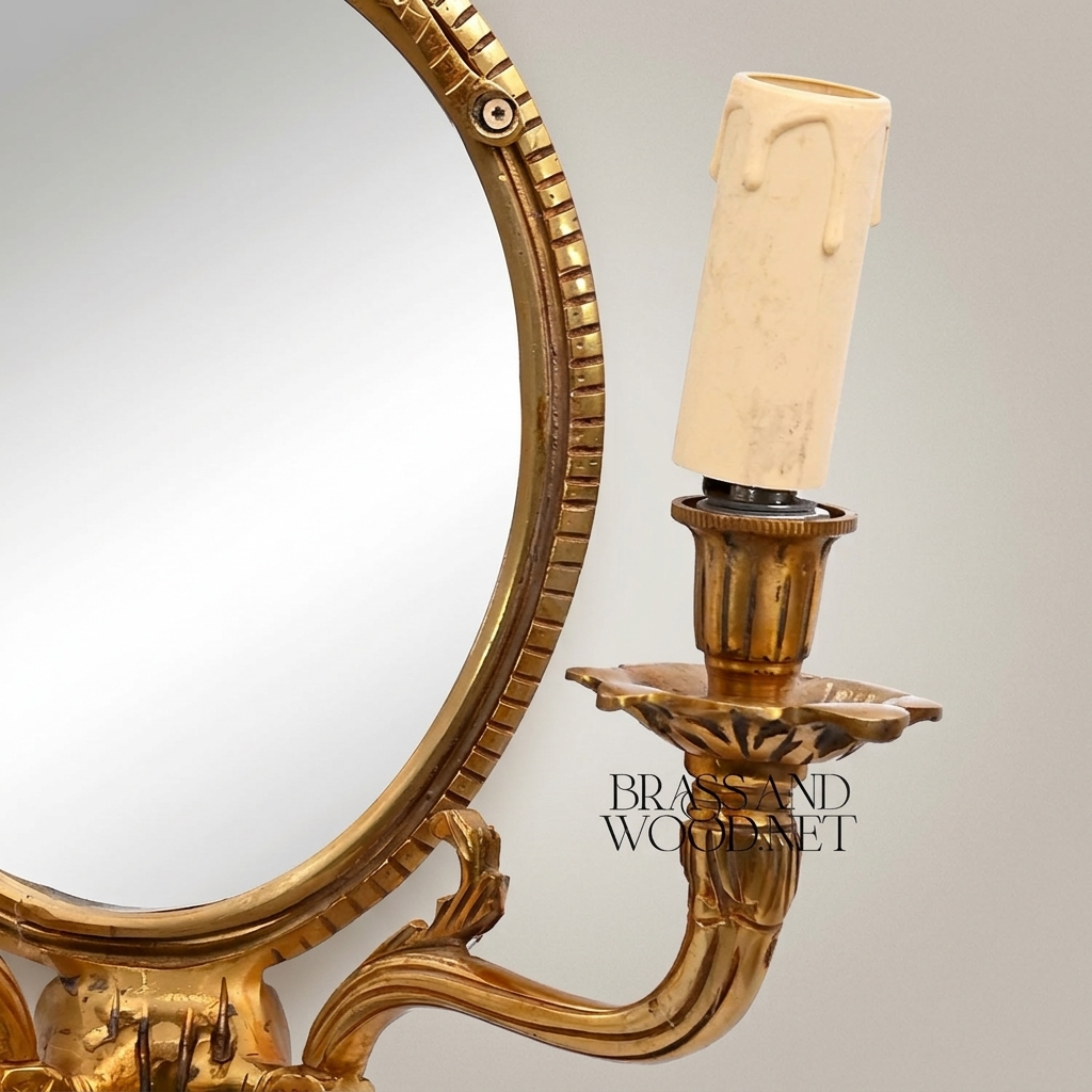 Neoclassical Brass Wall Sconce Mirror with Bow Crest & Twin Candle Arms — Antique Gold