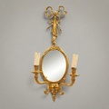 Neoclassical Brass Wall Sconce Mirror with Bow Crest & Twin Candle Arms — Gold