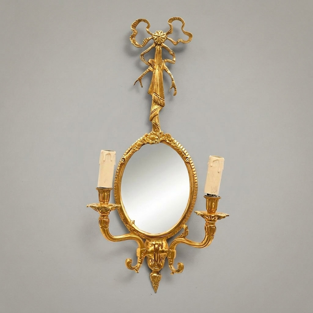 Neoclassical Brass Wall Sconce Mirror with Bow Crest & Twin Candle Arms — Gold