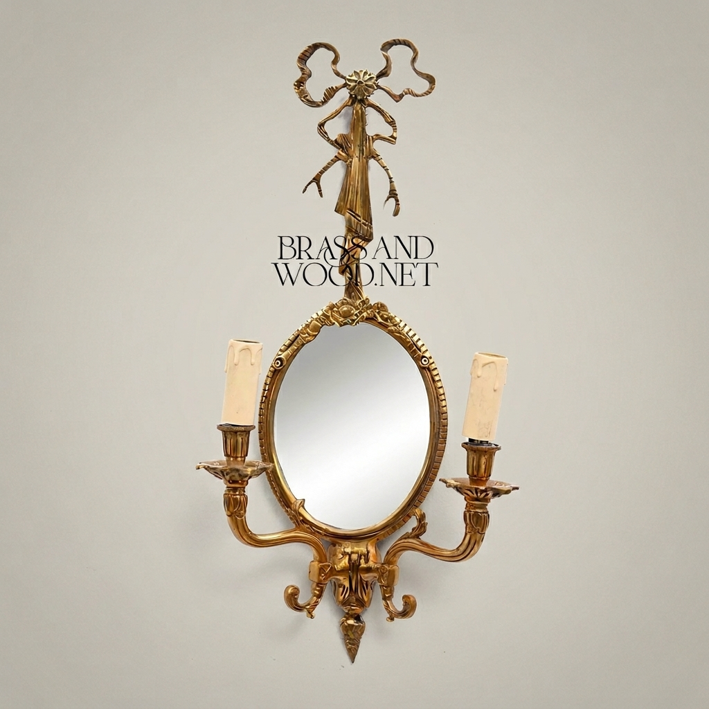 Neoclassical Brass Wall Sconce Mirror with Bow Crest & Twin Candle Arms — Antique Gold