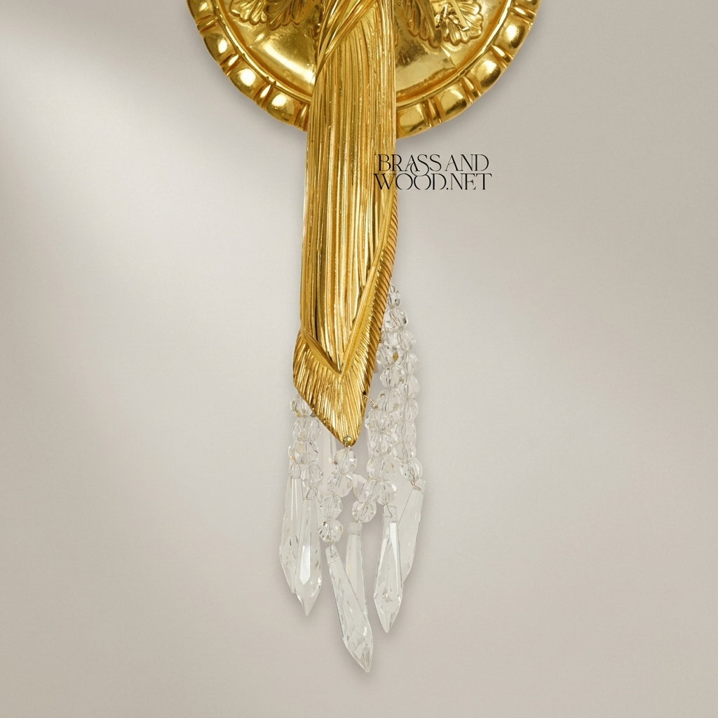 Neoclassical Brass Wall Sconce with Rosette Backplate & Crystal Drops — Gold