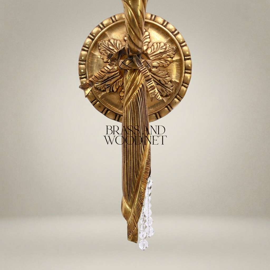 Neoclassical Brass Wall Sconce with Rosette Backplate & Crystal Drops — Antique Gold