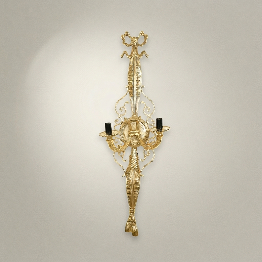 Neoclassical Brass Wall Sconce - Torch & Tassel Two-Arm — Gold