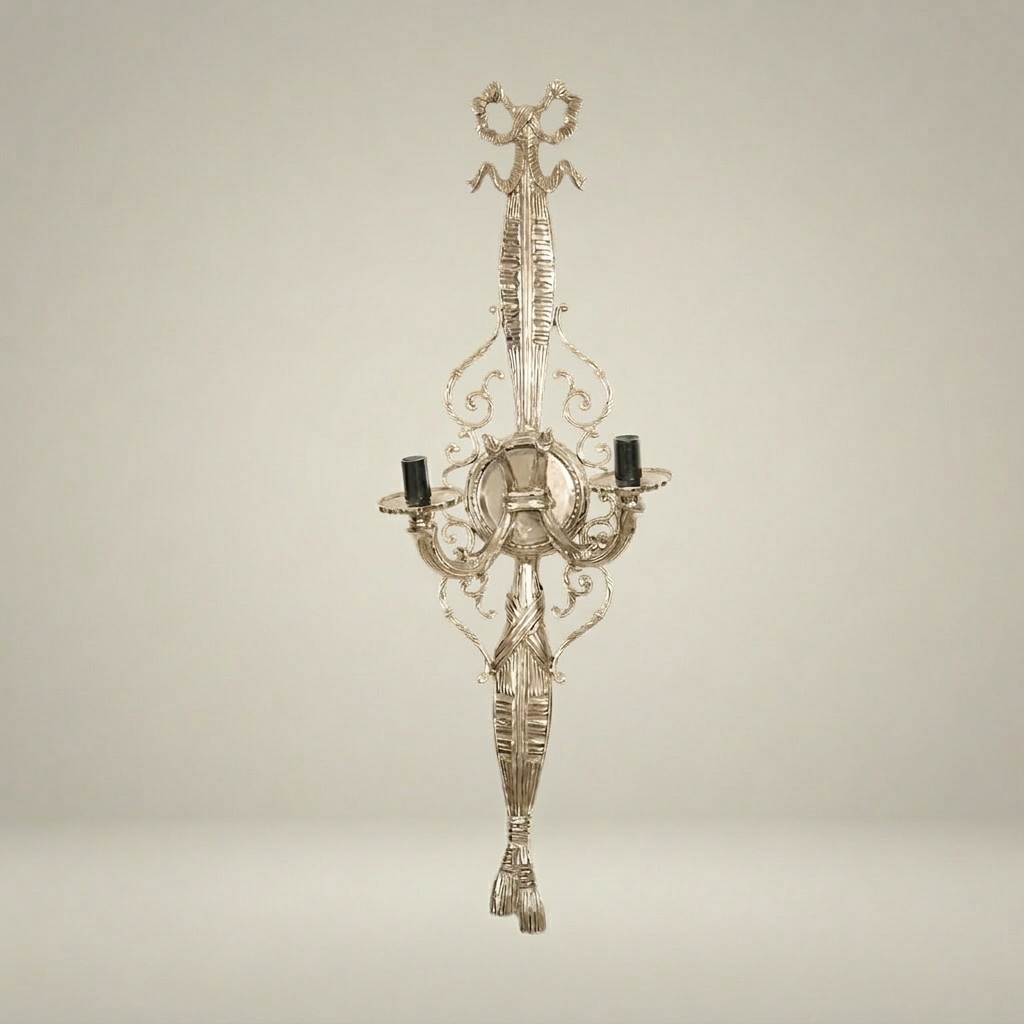 Neoclassical Brass Wall Sconce - Torch & Tassel Two-Arm — Silver