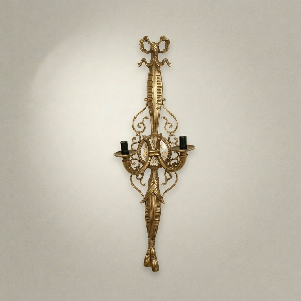 Neoclassical Brass Wall Sconce - Torch & Tassel Two-Arm — Antique Gold