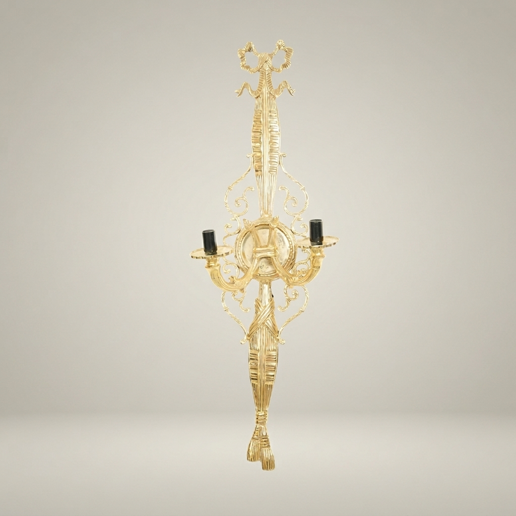 Neoclassical Brass Wall Sconce - Torch & Tassel Two-Arm
