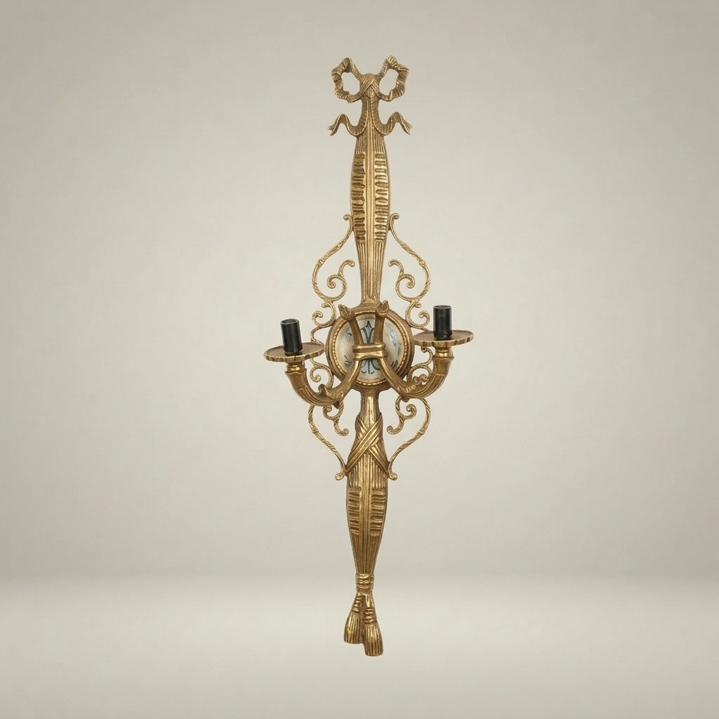 Neoclassical Brass Wall Sconce - Torch & Tassel Two-Arm — Antique Gold