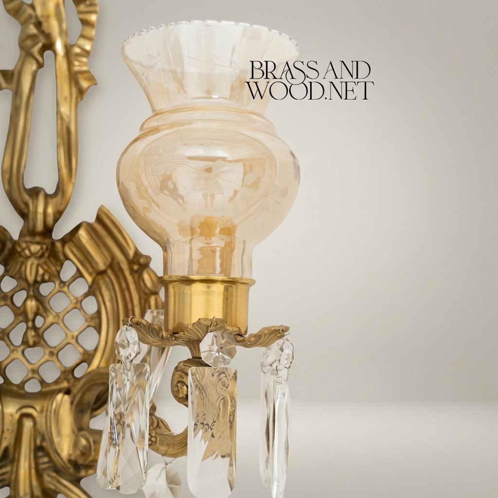 Neoclassical Brass Wall Sconce - Twin-Arm Ribbon & Tassel with Crystal Drops — Antique Gold