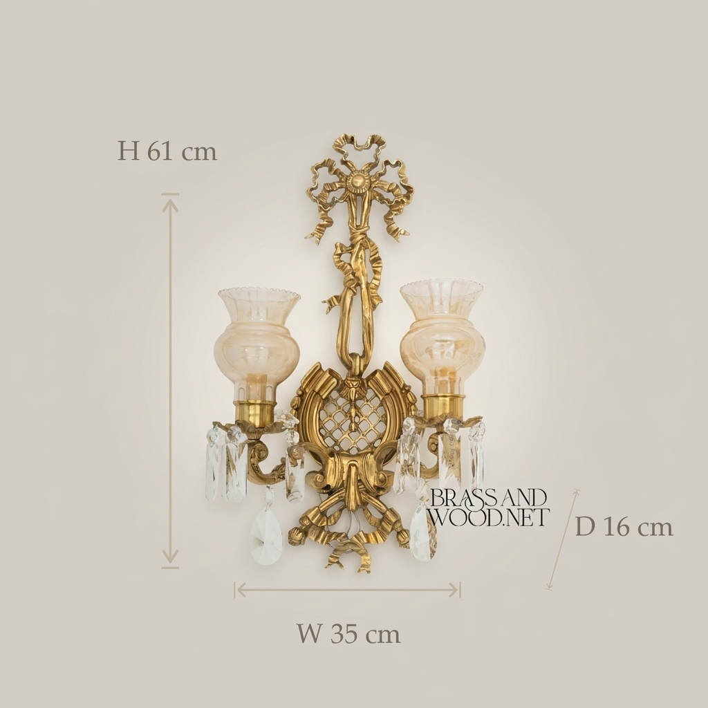 Neoclassical Brass Wall Sconce - Twin-Arm Ribbon & Tassel with Crystal Drops — Antique Gold