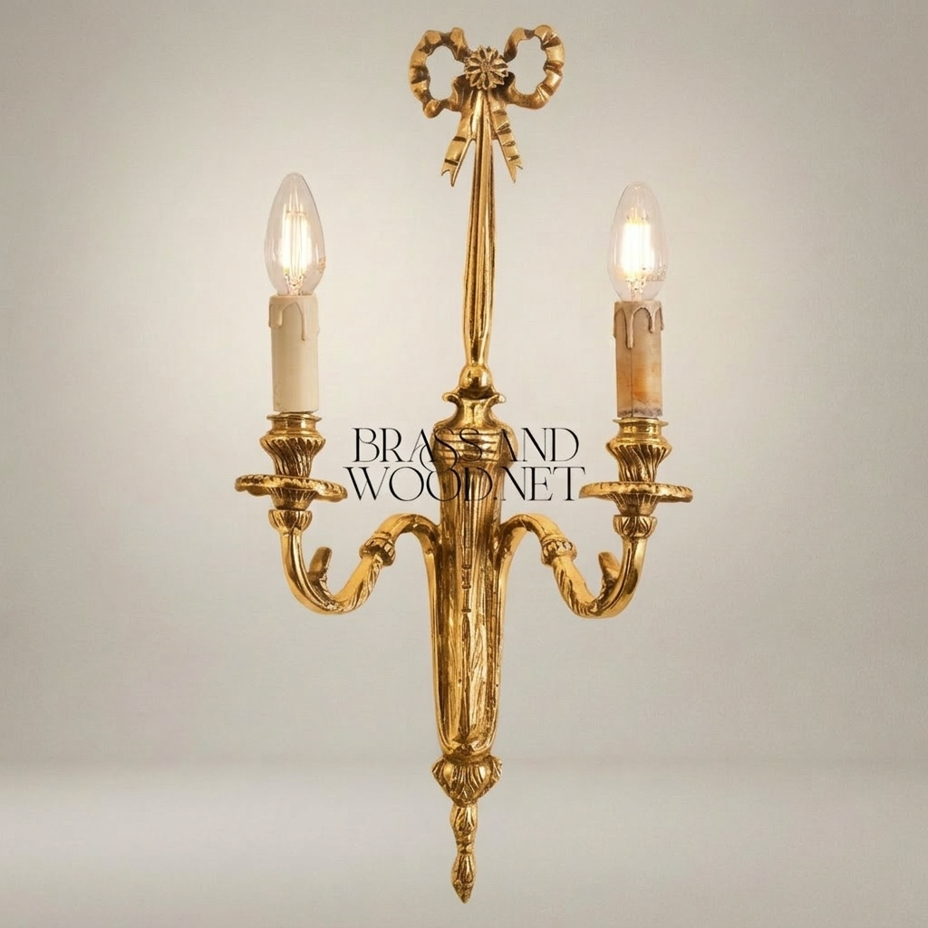 Neoclassical Brass Wall Sconce Twin-Arm with Ribbon Bow Finial