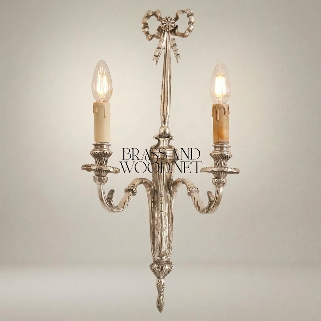 Neoclassical Brass Wall Sconce Twin-Arm with Ribbon Bow Finial — Silver