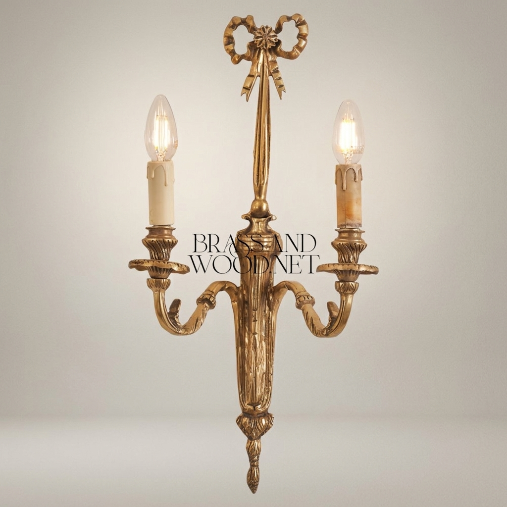 Neoclassical Brass Wall Sconce Twin-Arm with Ribbon Bow Finial — Antique Gold