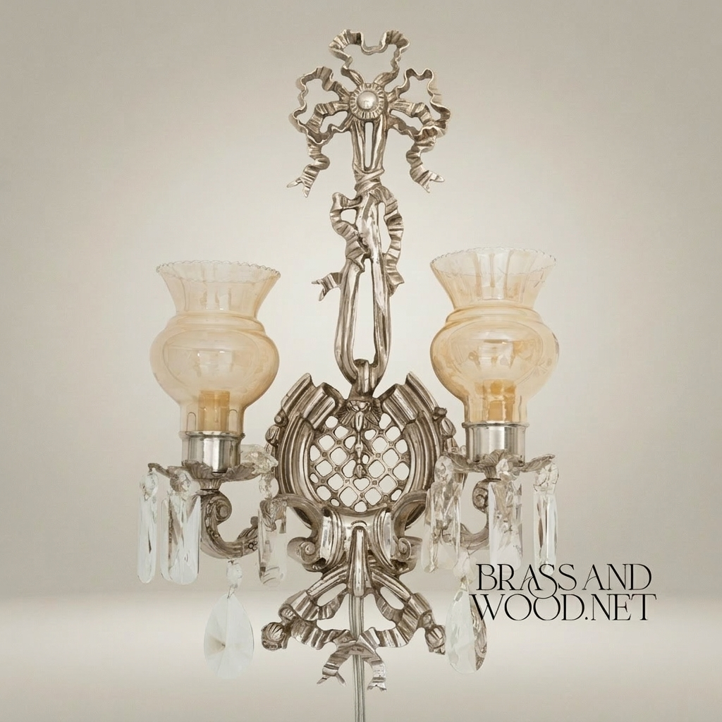 Neoclassical Brass Wall Sconce - Twin-Arm Ribbon & Tassel with Crystal Drops — Silver