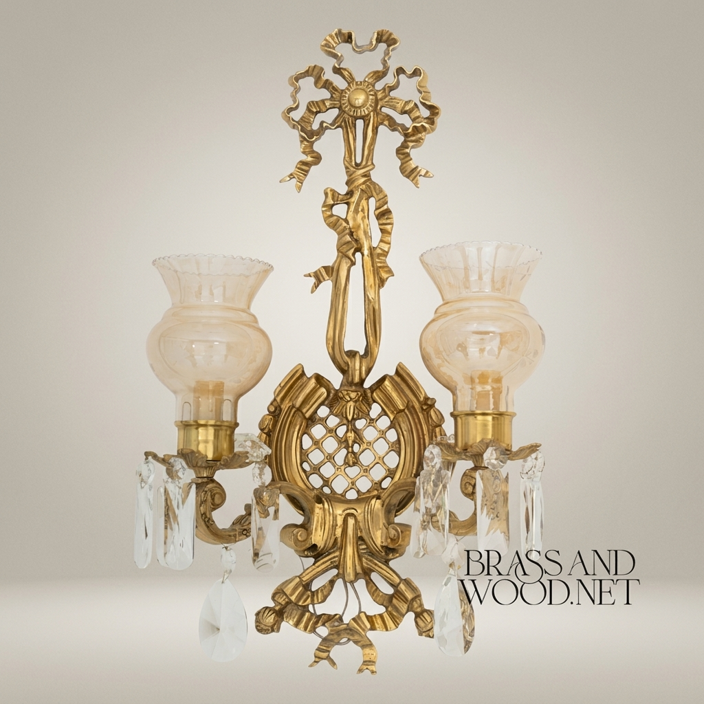 Neoclassical Brass Wall Sconce - Twin-Arm Ribbon & Tassel with Crystal Drops — Antique Gold