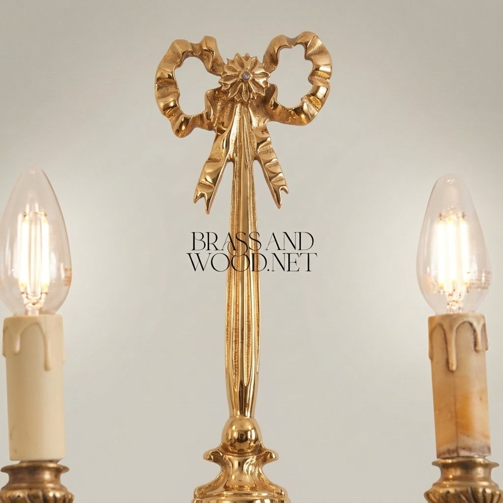 Neoclassical Brass Wall Sconce Twin-Arm with Ribbon Bow Finial — Gold