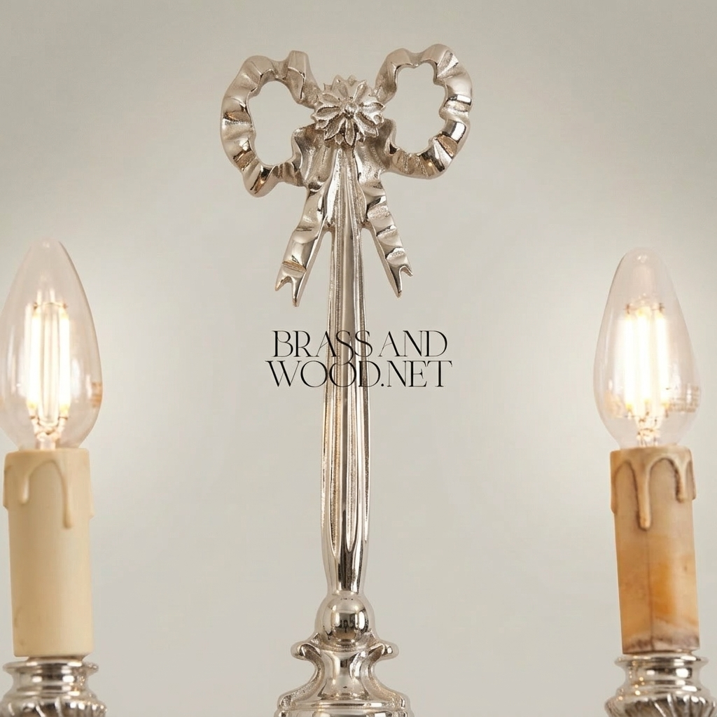 Neoclassical Brass Wall Sconce Twin-Arm with Ribbon Bow Finial — Silver
