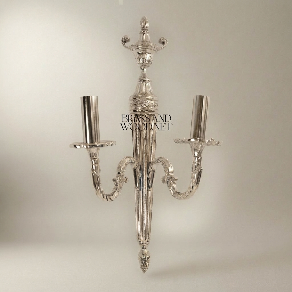 Neoclassical Brass Wall Sconce with Urn Finial & Twin Acanthus Arms — Silver