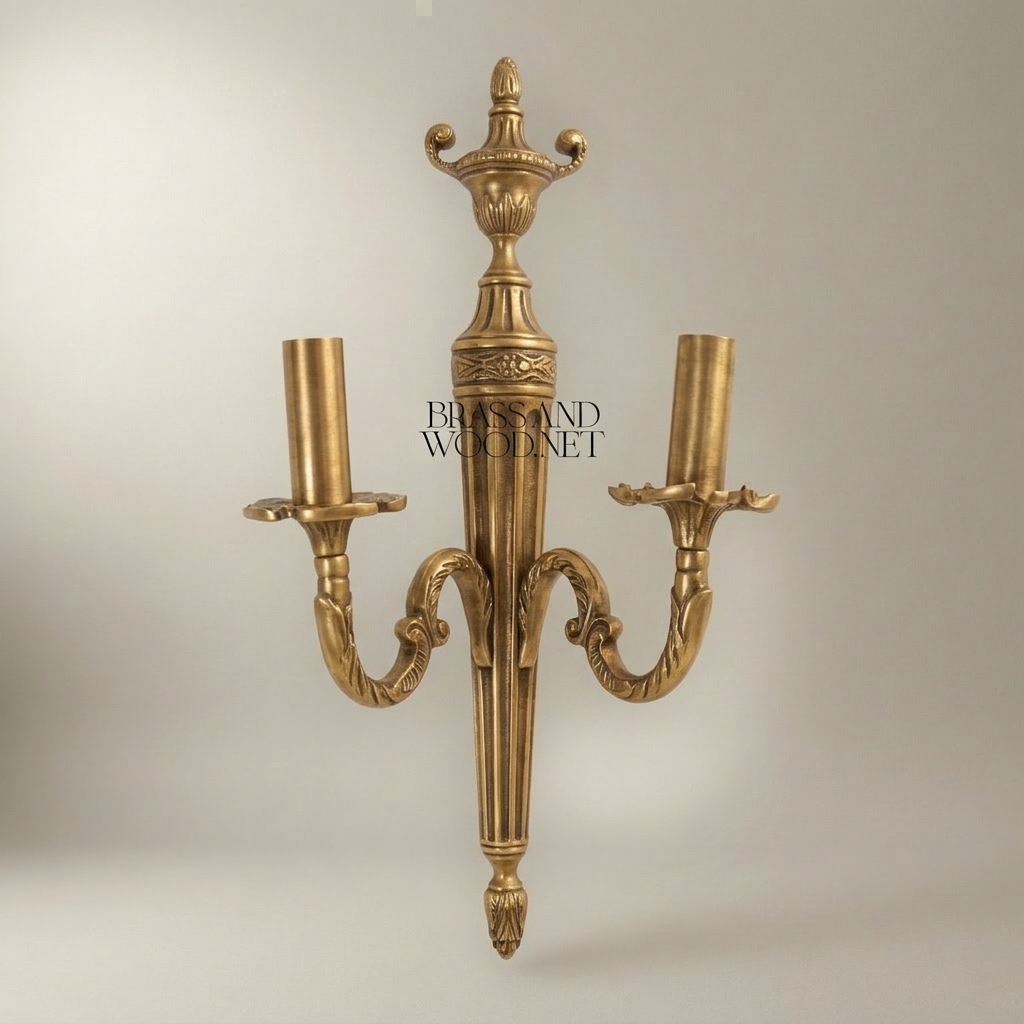Neoclassical Brass Wall Sconce with Urn Finial & Twin Acanthus Arms — Antique Gold