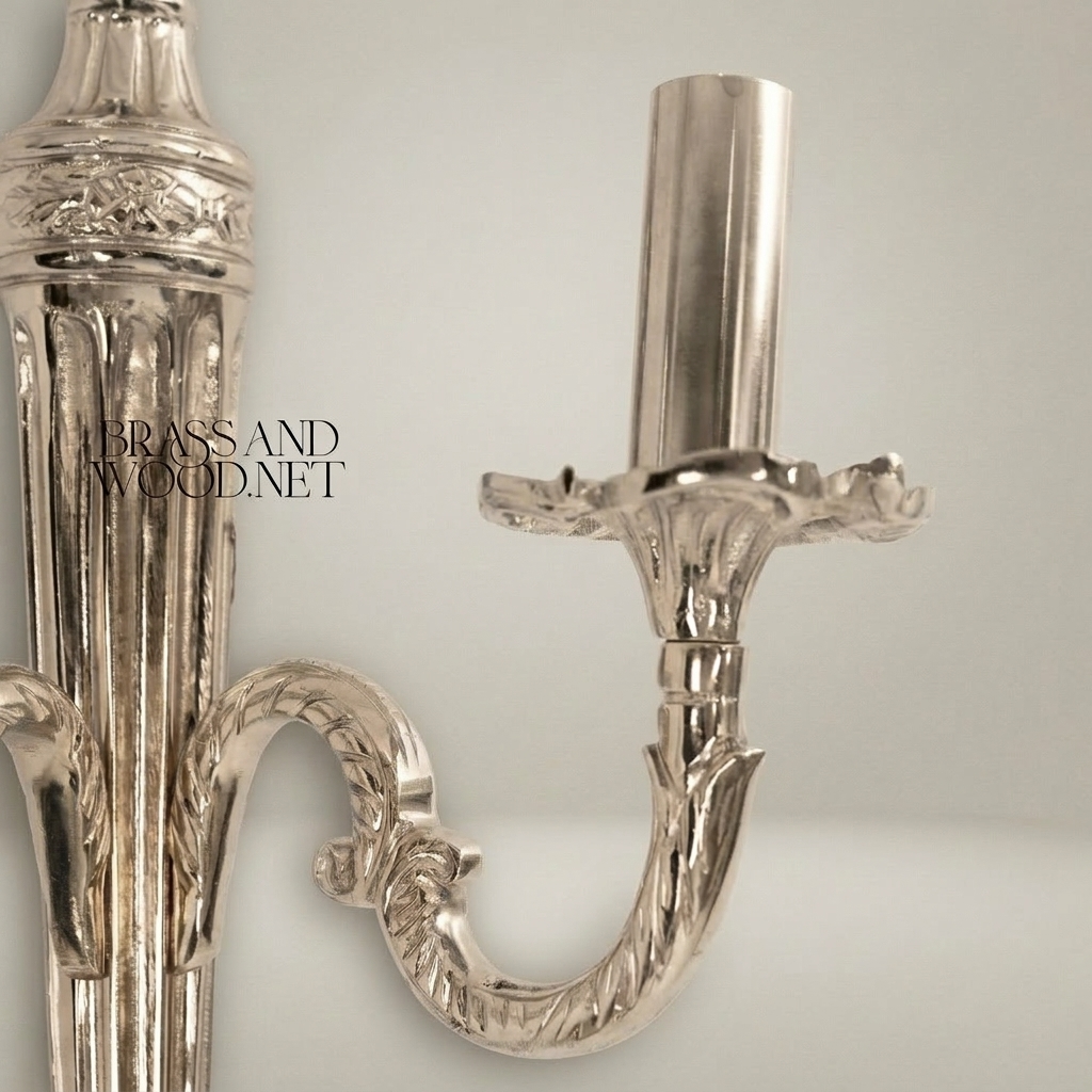 Neoclassical Brass Wall Sconce with Urn Finial & Twin Acanthus Arms — Silver