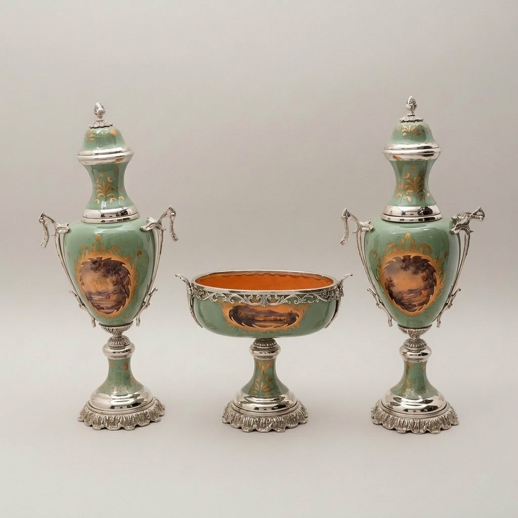 Neoclassical Celadon Ceramic & Brass Vase and Centerpiece Bowl Set - Painted Medallion Panels — Silver