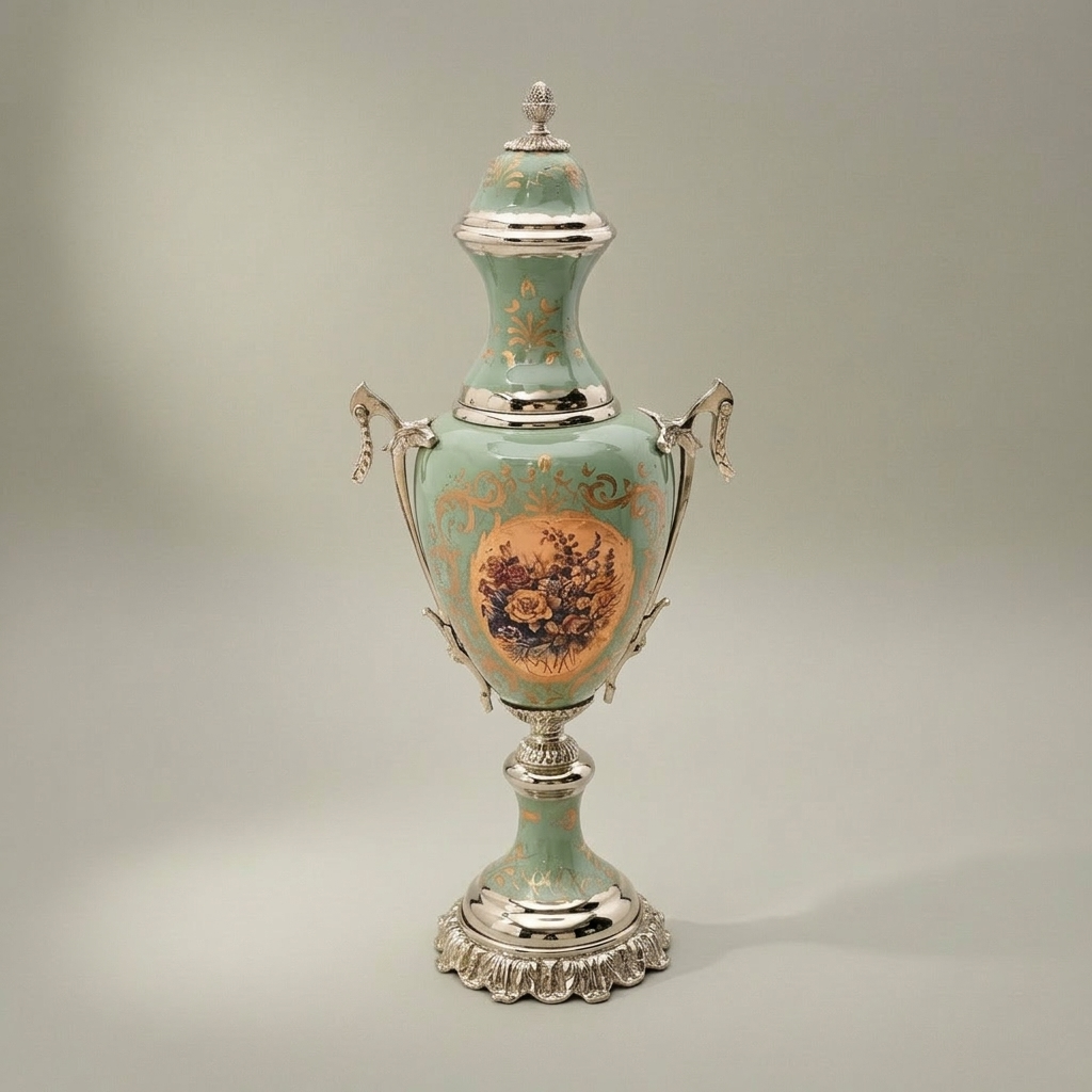 Neoclassical Celadon Ceramic & Brass Vase and Centerpiece Bowl Set - Painted Medallion Panels — Silver