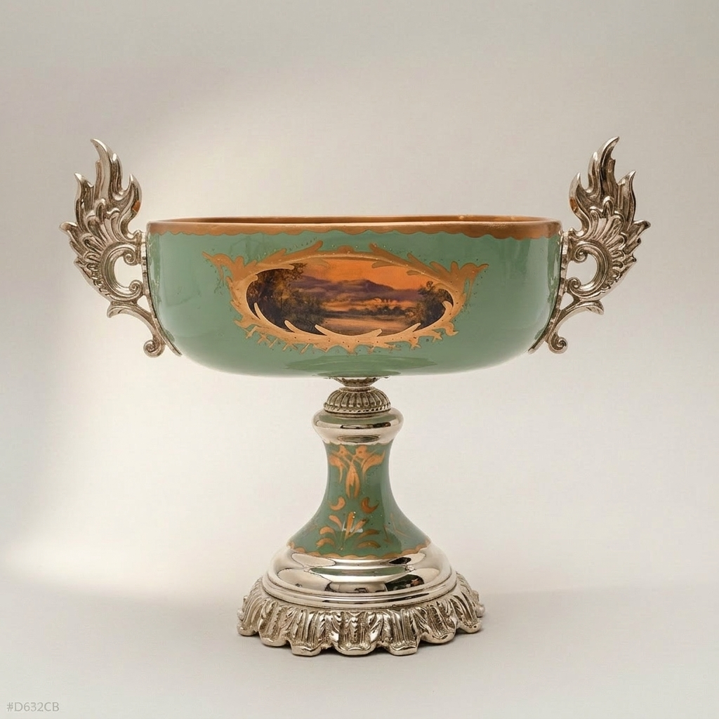 Neoclassical Celadon Ceramic & Brass Vase and Centerpiece Bowl Set - Painted Medallion Panels — Silver