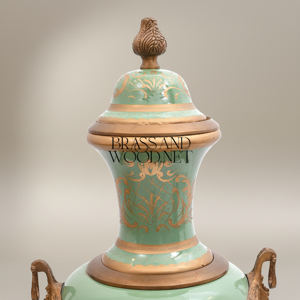Neoclassical Celadon Ceramic Lidded Urn Vase with Gilt Brass Mounts & Floral Medallion — Antique Gold
