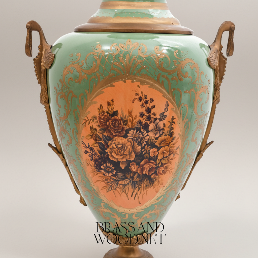 Neoclassical Celadon Ceramic Lidded Urn Vase with Gilt Brass Mounts & Floral Medallion — Antique Gold