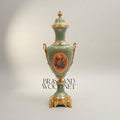 Neoclassical Celadon Ceramic Lidded Urn Vase with Gilt Brass Mounts & Floral Medallion — Gold