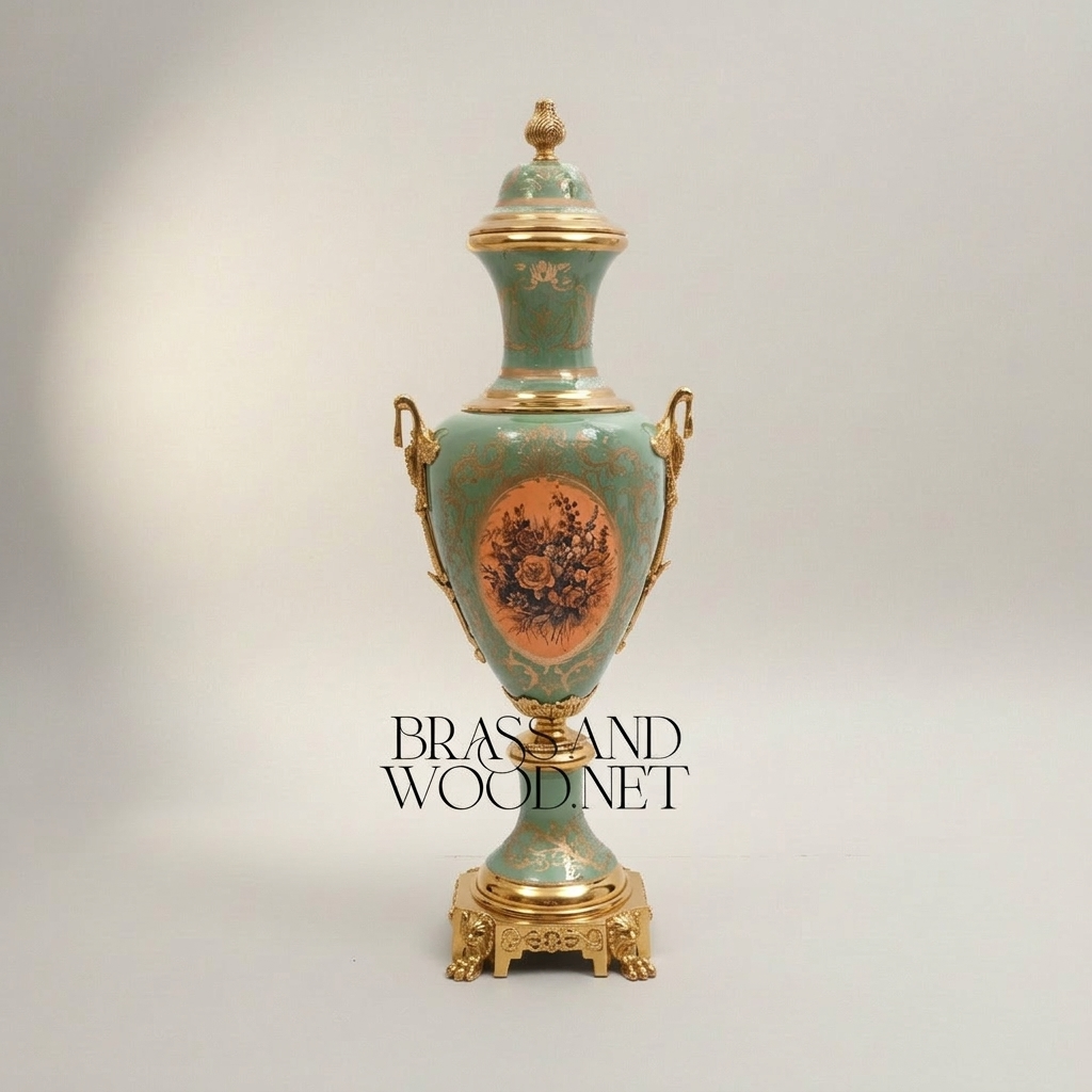 Neoclassical Celadon Ceramic Lidded Urn Vase with Gilt Brass Mounts & Floral Medallion — Gold