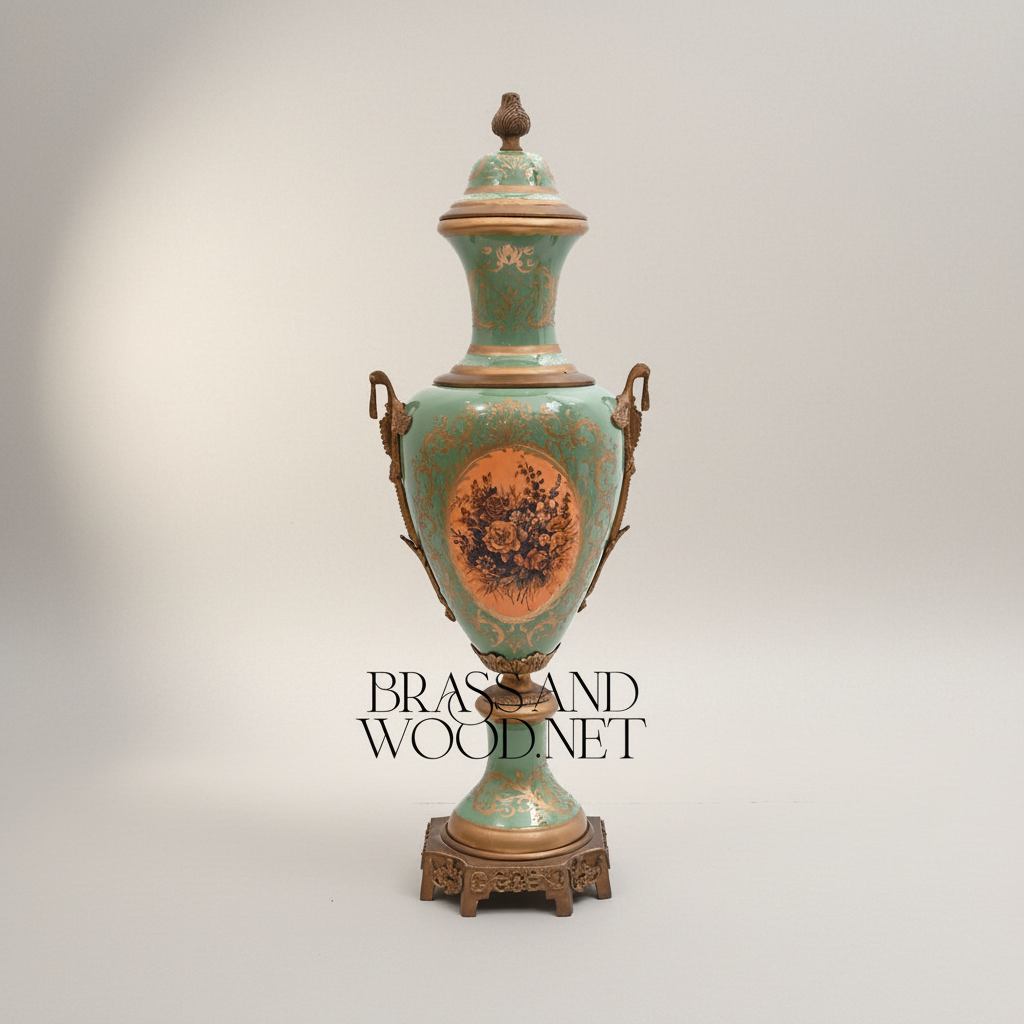 Neoclassical Celadon Ceramic Lidded Urn Vase with Gilt Brass Mounts & Floral Medallion — Antique Gold