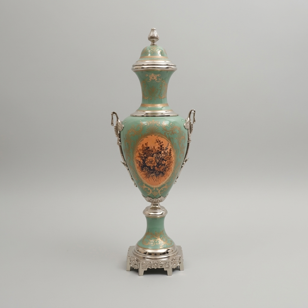 Neoclassical Celadon Ceramic Lidded Urn Vase with Gilt Brass Mounts & Floral Medallion — Silver