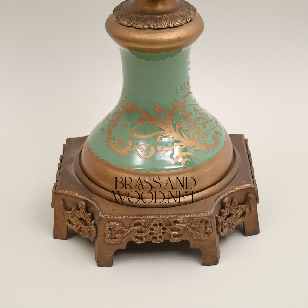 Neoclassical Celadon Ceramic Lidded Urn Vase with Gilt Brass Mounts & Floral Medallion — Antique Gold